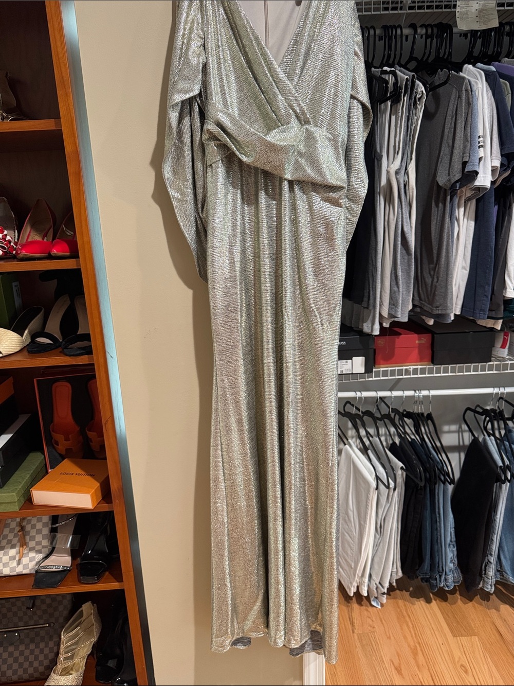 Elegant Silver Metallic Wrap Maxi Dress